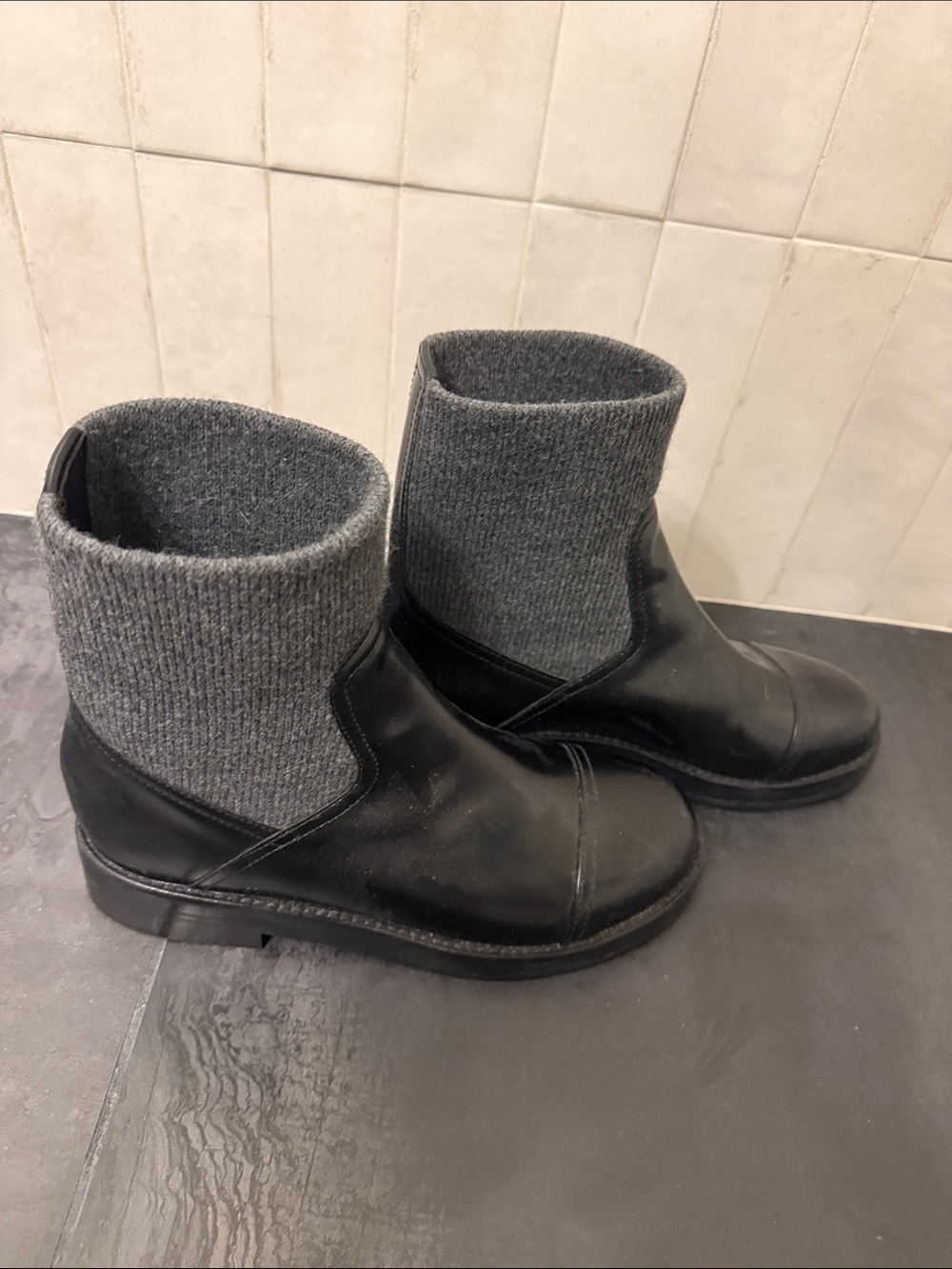 J. Crew Black Leather Ankle Boots with Gray Knit Cuffs